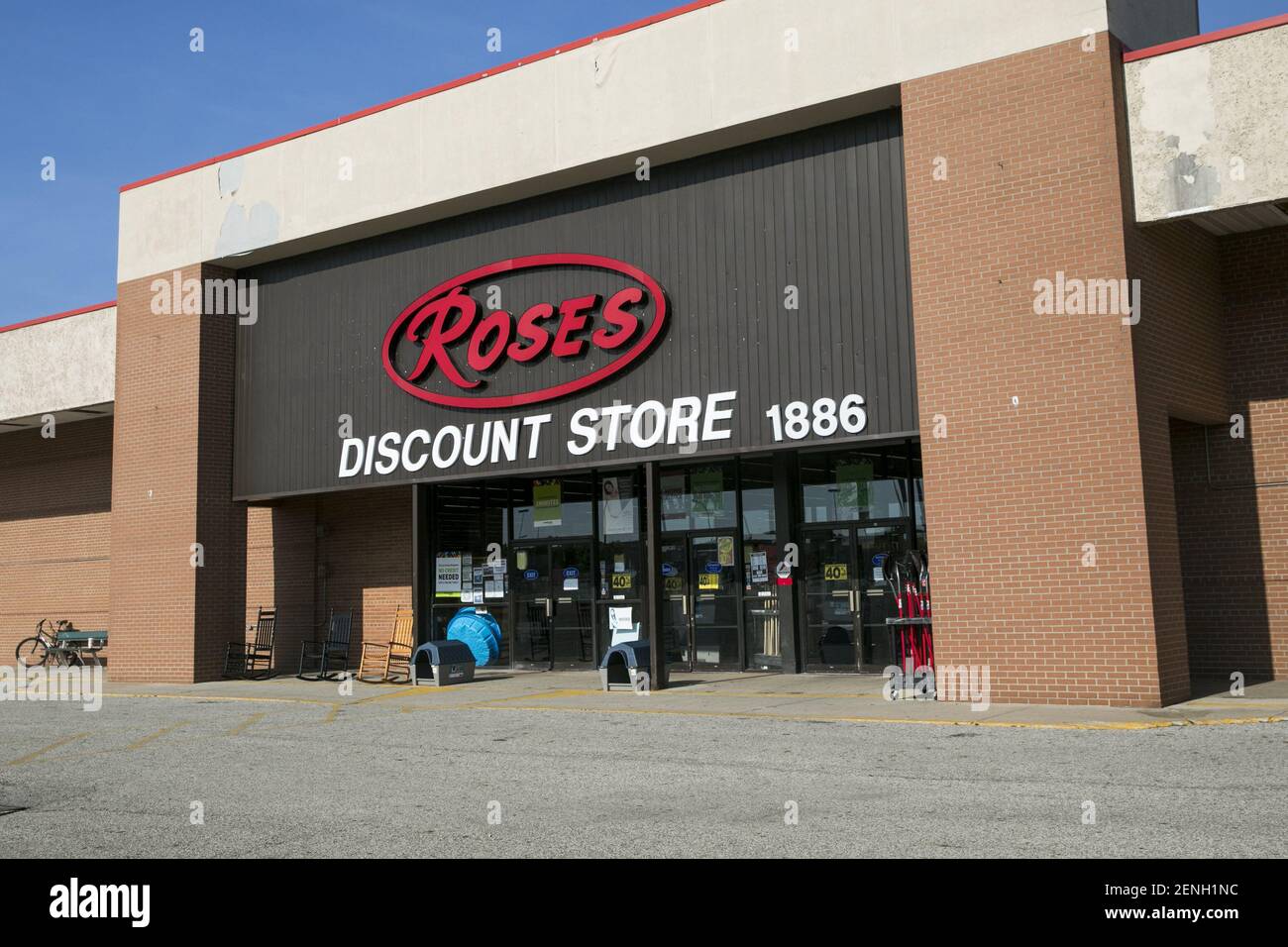 A logo sign outside of a Roses Discount retail store location in Akron, Ohio on August 12, 2019