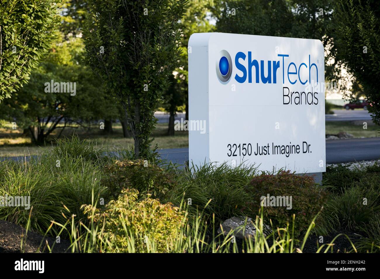 A logo sign outside of the headquarters of ShurTech Brands, maker of