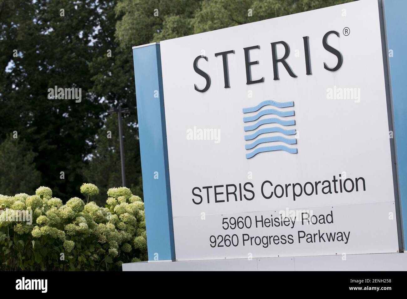 A logo sign outside of a facility occupied by the Steris Corporation in