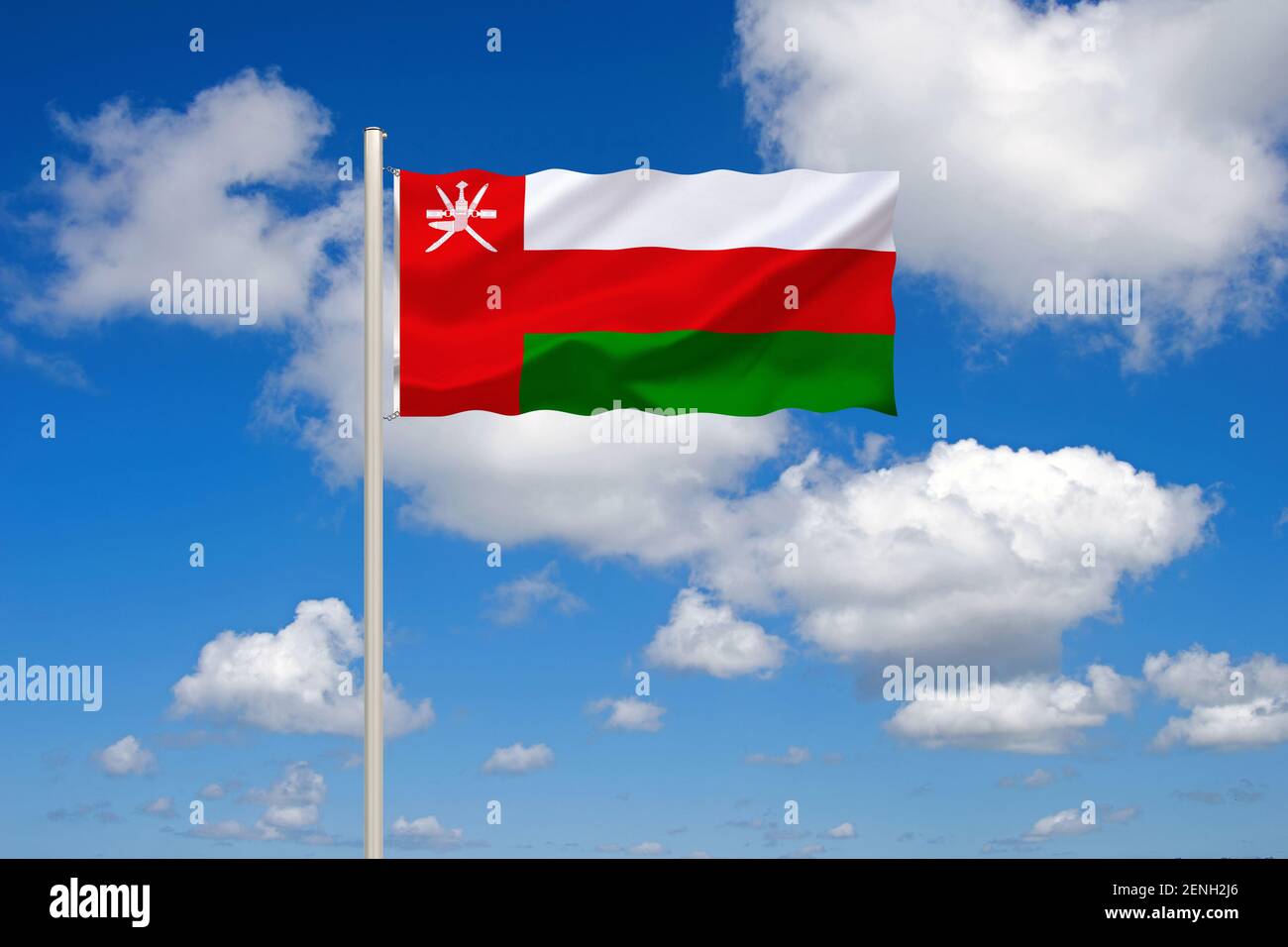 Die Flagge von Oman, Land im Mittleren Osten, Hautstadt ist Maskat, liegt am Persischen Golf, Stock Photo