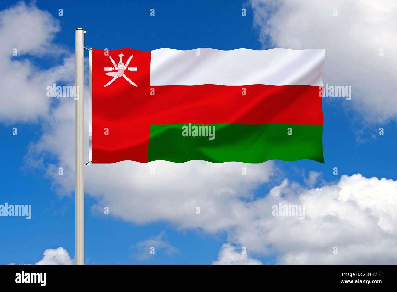 Die Flagge von Oman, Land im Mittleren Osten, Hautstadt ist Maskat, liegt am Persischen Golf, Stock Photo