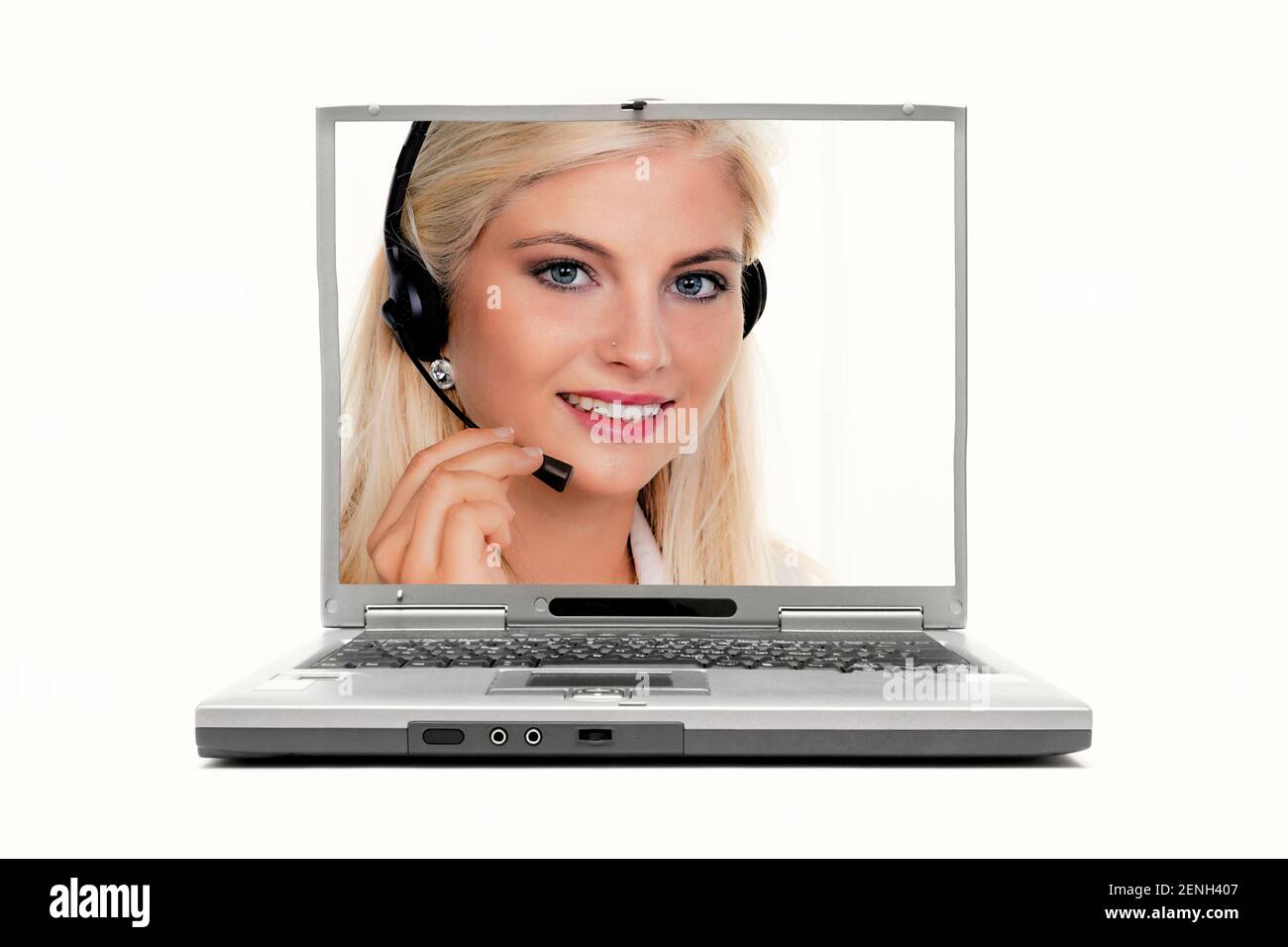 Blondine mit Headset, Einkaufen am Laptop, Online Shop, Online, Shoppen, Beratung, Berufe, Service, Einkaufen, Home-Office, Termin, Buchen, Buchung, D Stock Photo