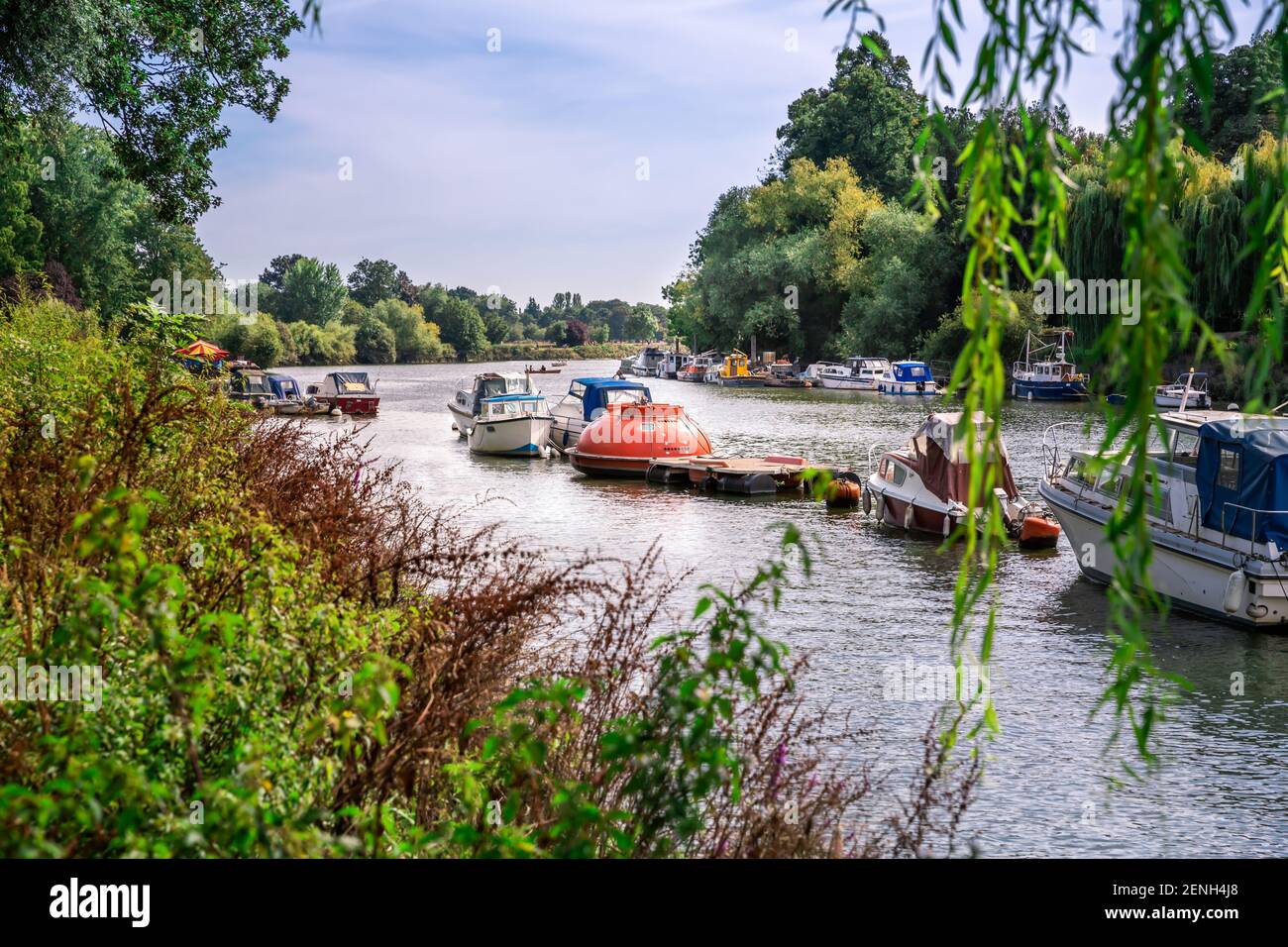 Thames riverfront with many boats in Richmond, London, UK. Stock Photo
