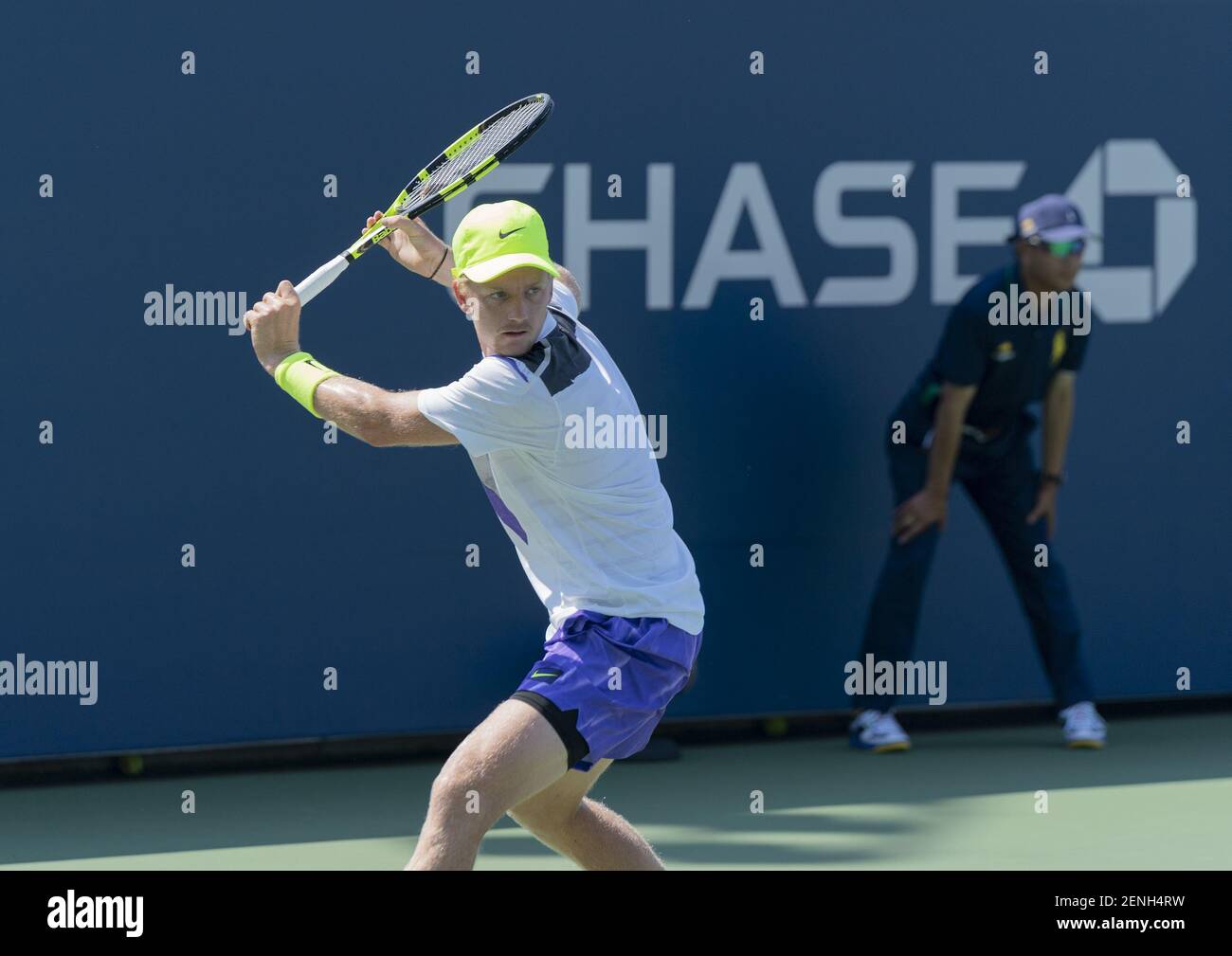 Alex Rybakov (USA) returns ball during qualifying round 1 of US Open Tennis  Championship against Facundo Bagnis (Argentina) at Billie Jean King  National Tennis Center in New York, NY on August 19,