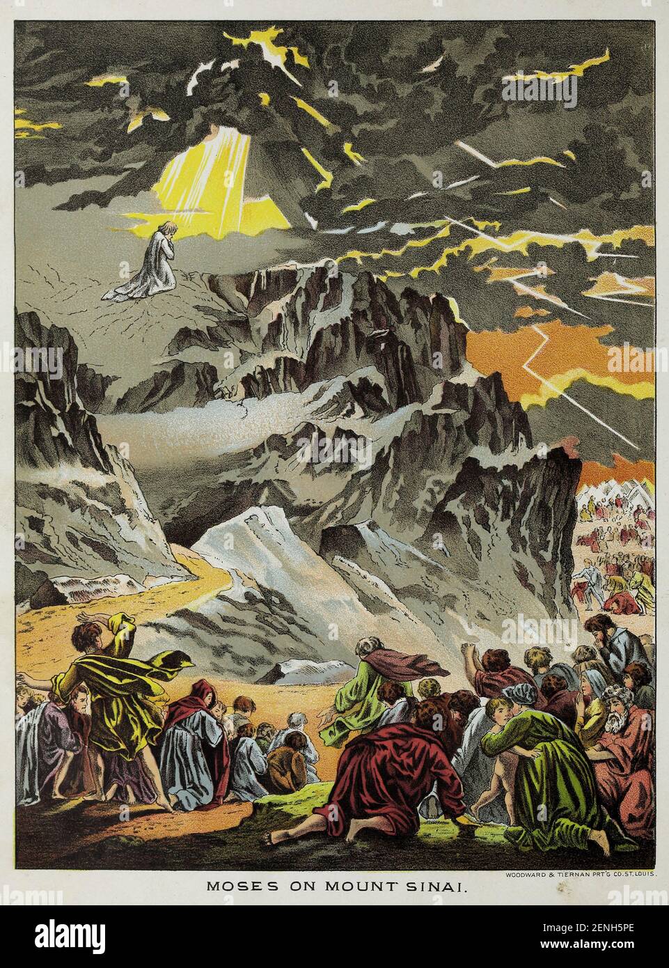 Moses on Mount Sinai From the book ' Young folks' Bible in words of easy reading : the sweet stories of God's word in the language of childhood and in the beautiful delineations of Christian art, the whole designed to impres the mind and heart of the youngest readers, and kindle a genuine love for the book of books ' by Pollard, Josephine, 1834-1892 Published in Chicago in 1889 Stock Photo