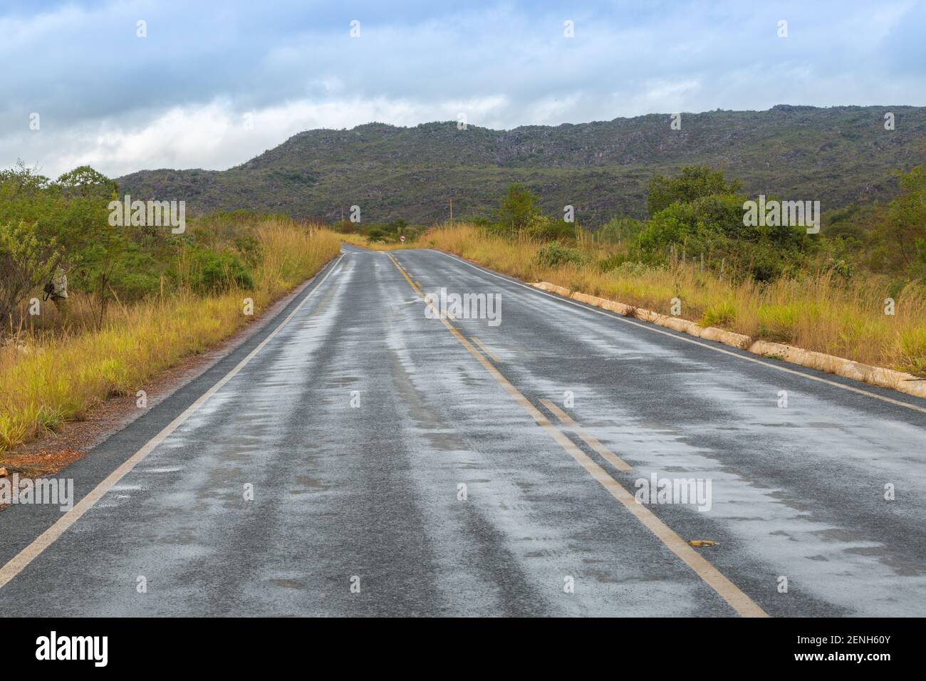 Wet straight tarred road after rain on a cloudy day close to Grao Mogol in Minas Gerais, Brazil Stock Photo