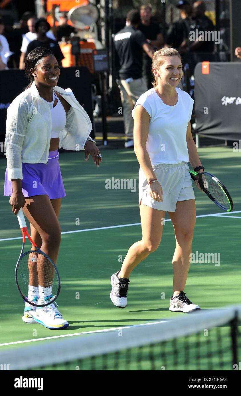 L-R: Sloane Stephens and Simona Halep participate in the Nike Queens of  Tennis event at Passannante Ballfield in New York, NY on August 20, 2019.  (Photo by Stephen Smith/SIPA USA Stock Photo -