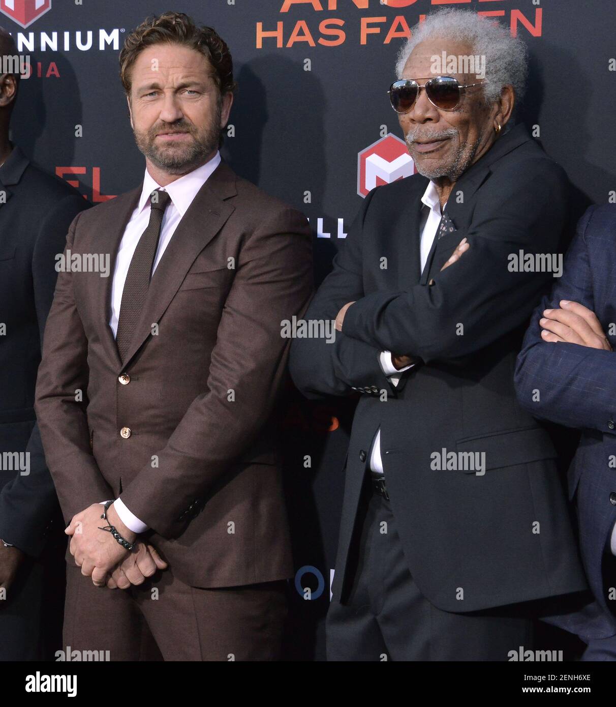 (L-R) Gerard Butler and Morgan Freeman at the ANGEL HAS FALLEN World