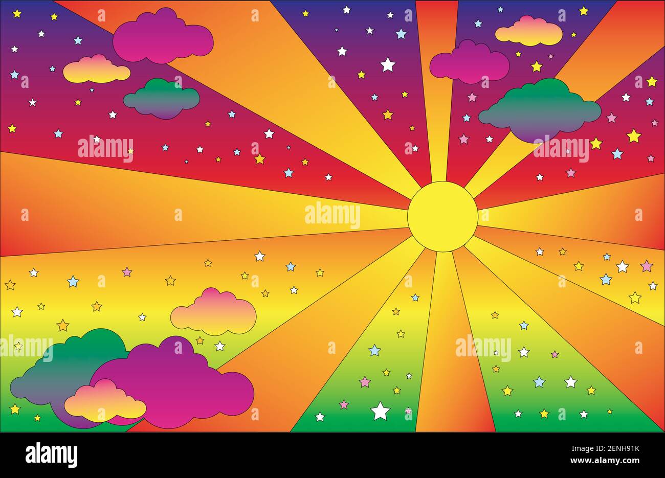 Retro hippie style psychedelic landscape with sun and clouds, stars. Vector  cartoon bright gradient colors background Stock Vector Image & Art - Alamy