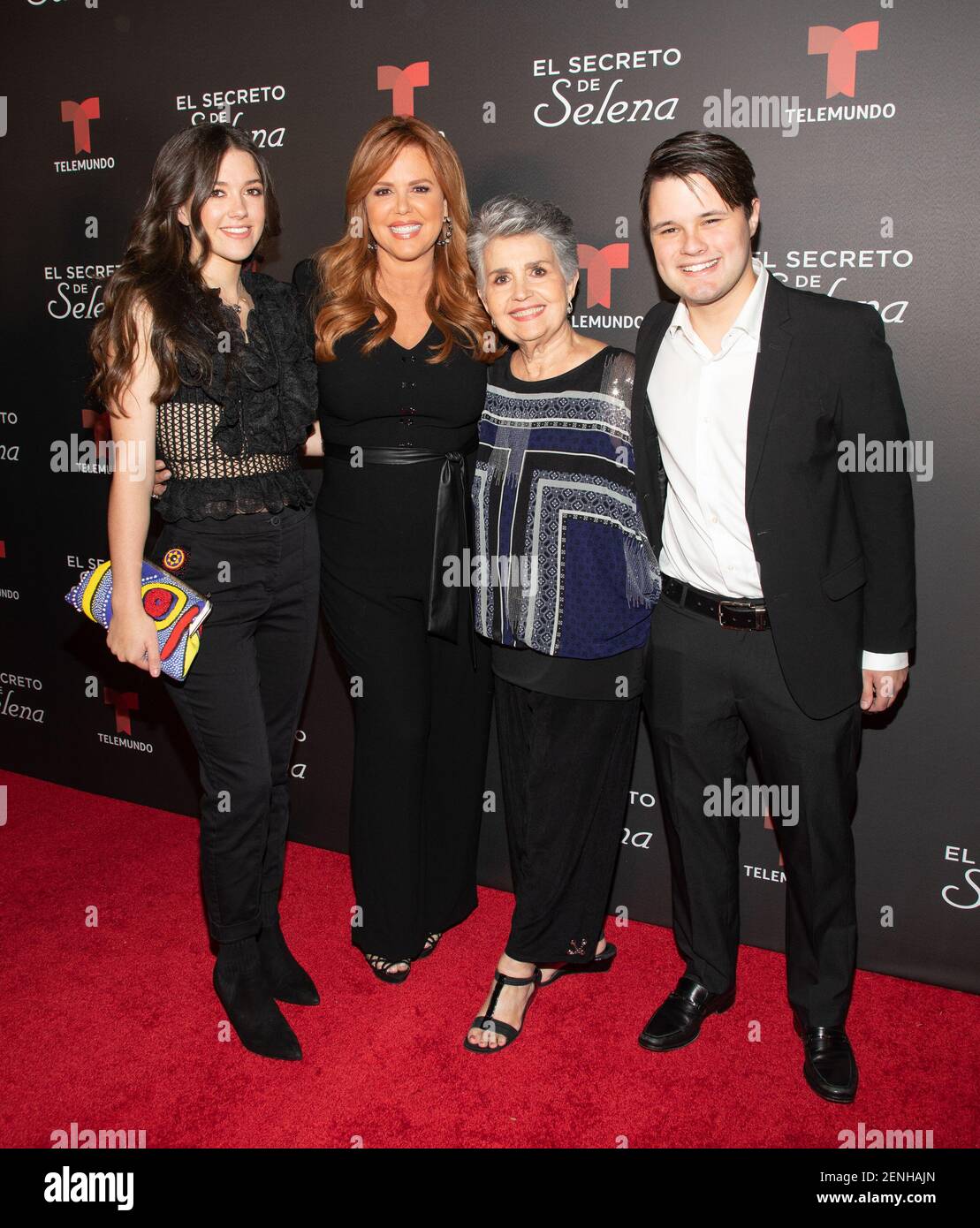 DORAL, FL - AUGUST 21: Lara Arvesu, Maria Celeste Arraras, Astrid Mangual  and Adrian Arvesu are seen at the El Secreto De Selena Miami Screening at  Telemundo Center on August 21, 2019