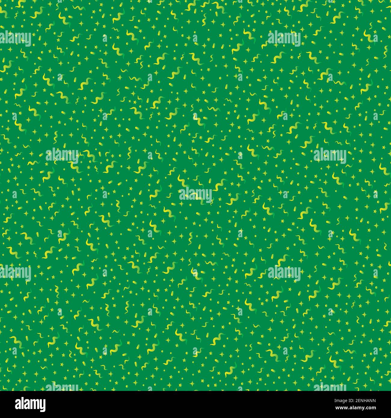 Abstract seamless pattern with different elements. Green colors texture with dots, stars,line on dark green background. Stylized confetti background. Stock Vector