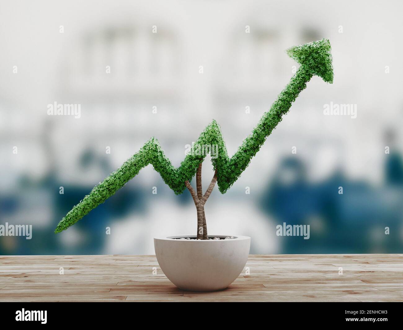Green plant in shape of of grow up trend at field. Business analytics and statistics. Friendly ecosystem for business and investment. Financial Stock Photo