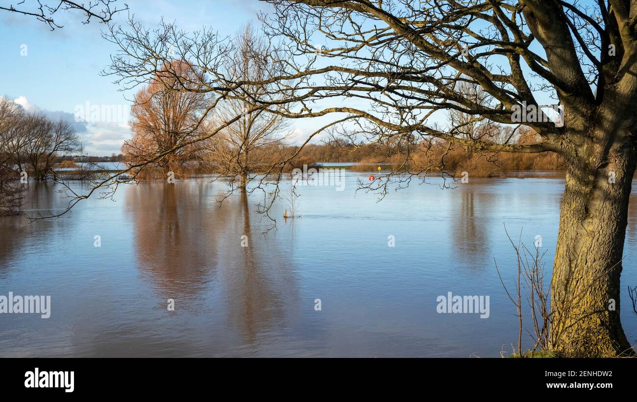 Floodwater in the River Ouse and Clifton Ings, Water End, York, UK Stock Photo