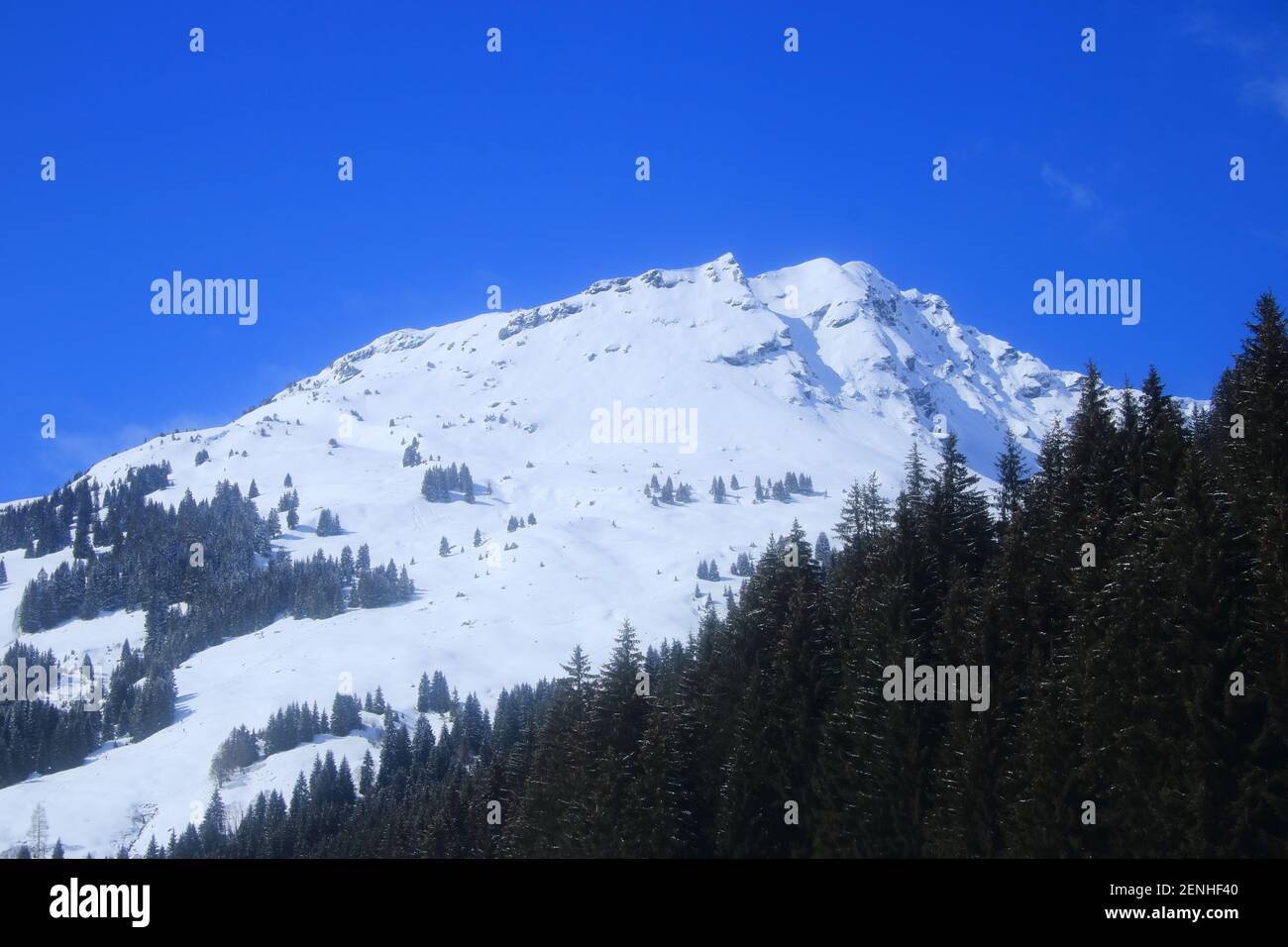 View of the snow-covered Alps near Saalbach Hinterglemm in Austria Stock Photo