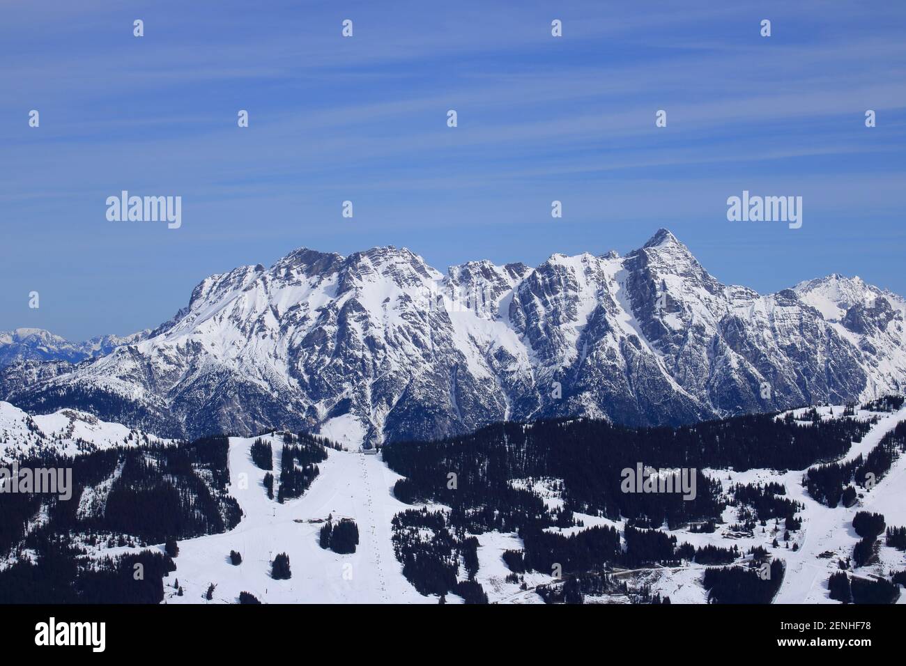 View of the snow-covered Alps near Saalbach Hinterglemm in Austria Stock Photo