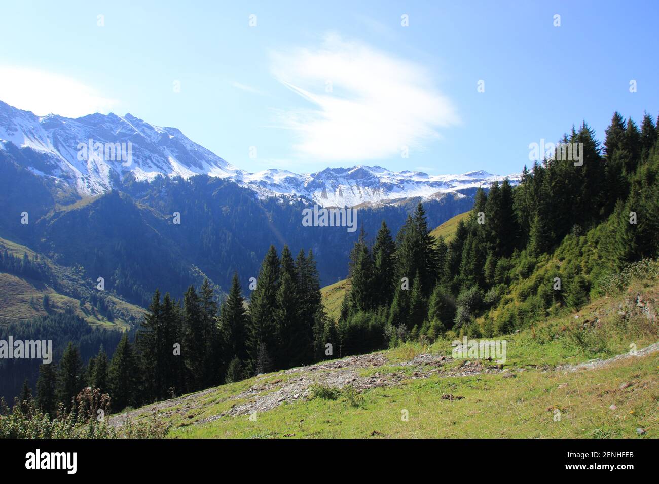 View of the snow-covered Alps near Saalbach Hinterglemm in Austria Stock Photo