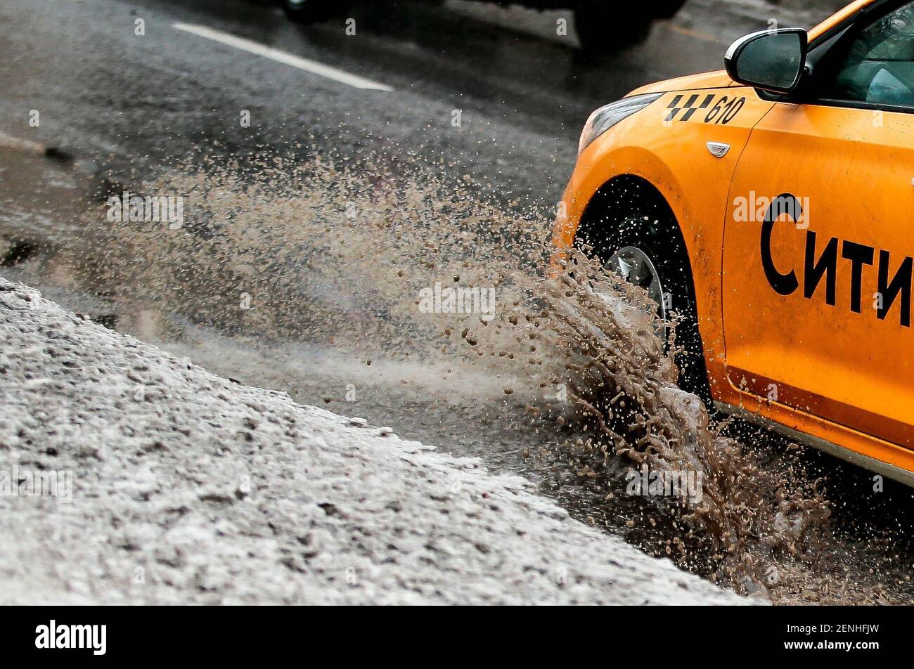 February 2021, Russia, Mosco. Warm weather in Moscow, some street take