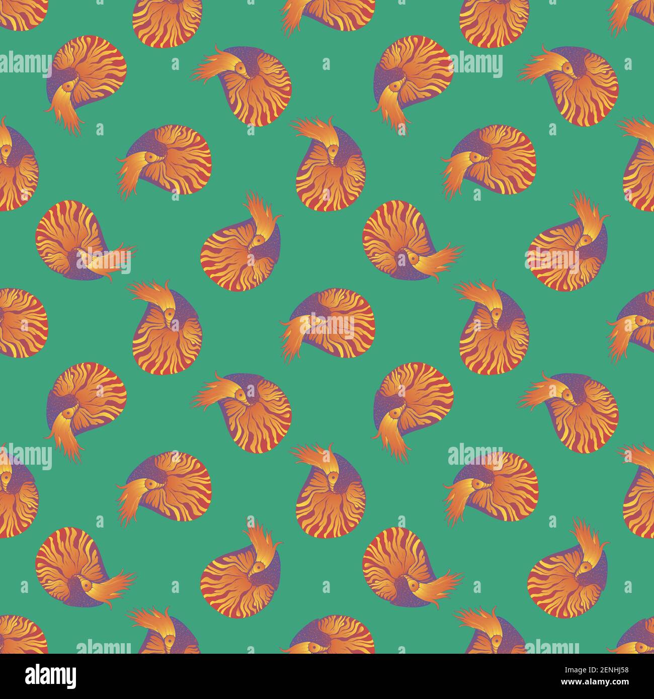 Nautilus colorful ocean animals seamless pattern, isolated turquoise background. Decorative texture with sea mollusc. Cartoon style. Vector hand drawn Stock Vector