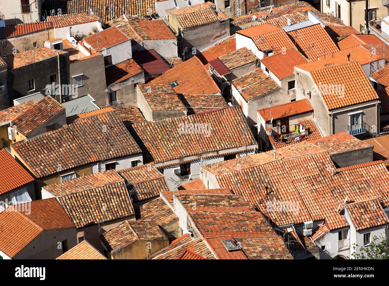 Italy,Sicily,Cefalu, aerial view of red tiled roofs in Cefalu Stock Photo
