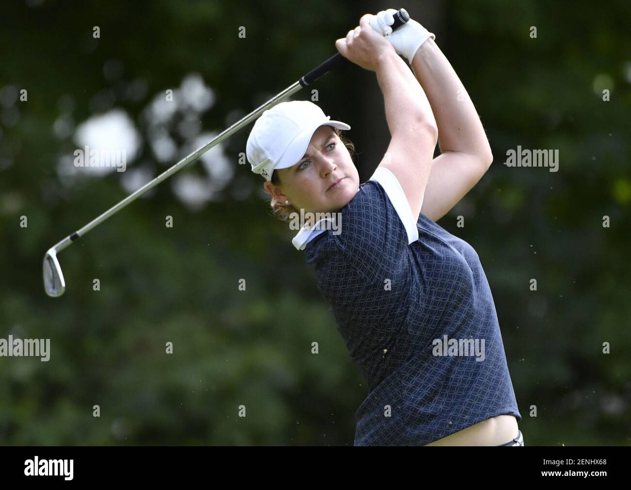 Aug 24, 2019; Aurora, Ontario, CAN; Caroline Masson tees off on the  seventeenth hole in the third round of the CP Womens Open golf tournament  at Magna Golf Club. Mandatory Credit: Eric