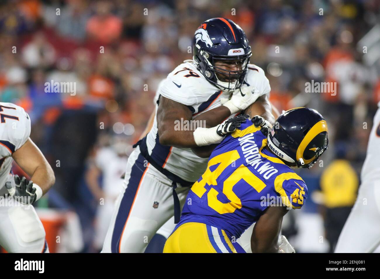 August 24, 2019 Los Angeles, CADenver Broncos offensive guard Chaz Green  #79 blocking Los Angeles Rams linebacker Obo Okoronkwo #45 during the NFL  game between Denver Broncos vs Los Angeles Rams at