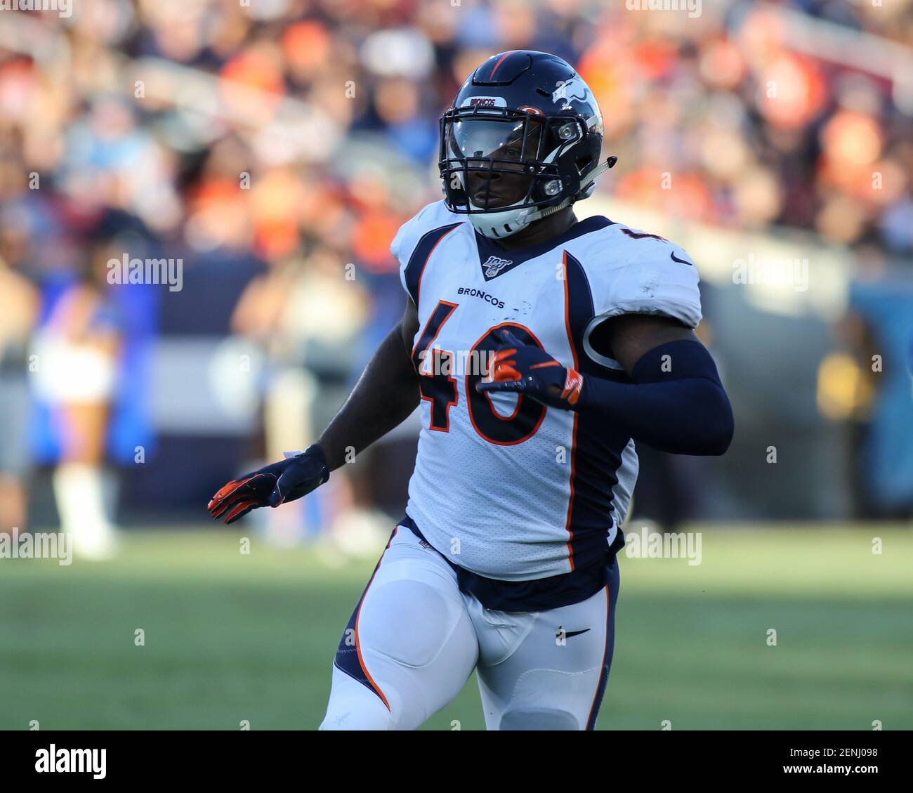 November 18, 2018 Carson, CANarbonne High School linebackers Los Angeles  Chargers linebacker Uchenna Nwosu #42 and Denver Broncos linebacker  Keishawn Bierria #40 after the NFL Denver Broncos vs Los Angeles Chargers at