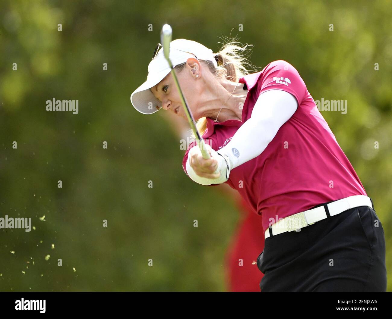 Aug 25, 2019; Aurora, Ontario, CAN; Amy Olson tees off on the second hole  in the final round of the CP Womens Open golf tournament at Magna Golf  Club. Mandatory Credit: Eric