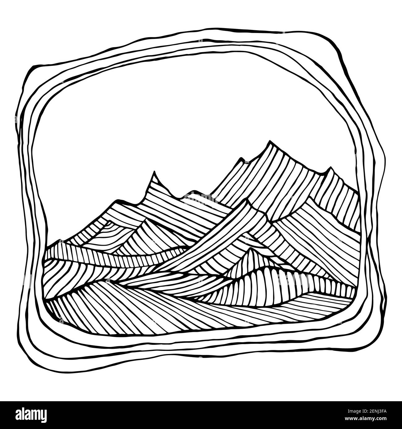 Coloring page surreal landscape with mountains. Vector hand drawn illustrations. Doodle cartoon style. Fantasy psychedelic art. Stock Vector