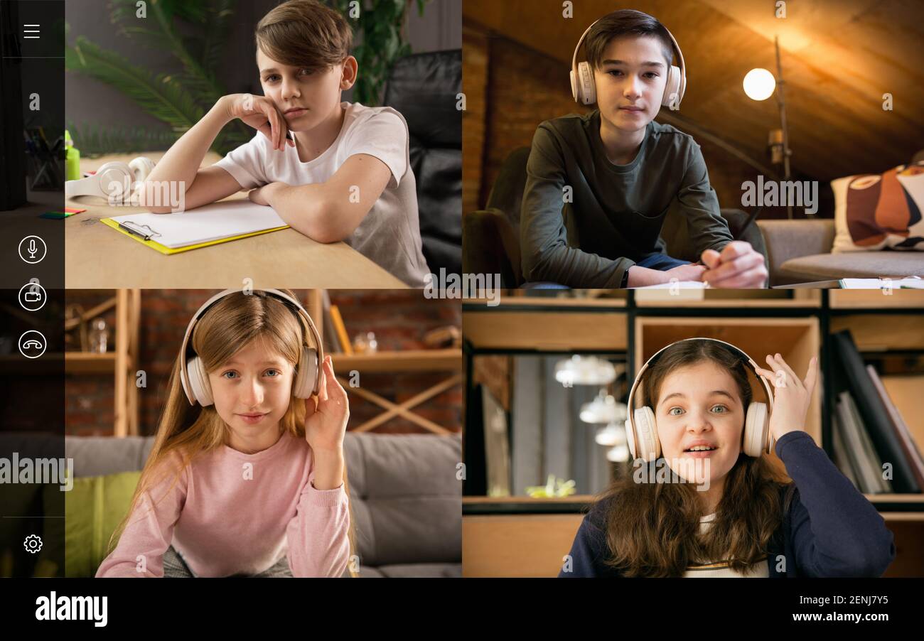 Devices. Group of kids class studying by group video call use video conference with each other. PC screen view with application ad. Easy comfortable usage concept education online childhood Stock Phot...