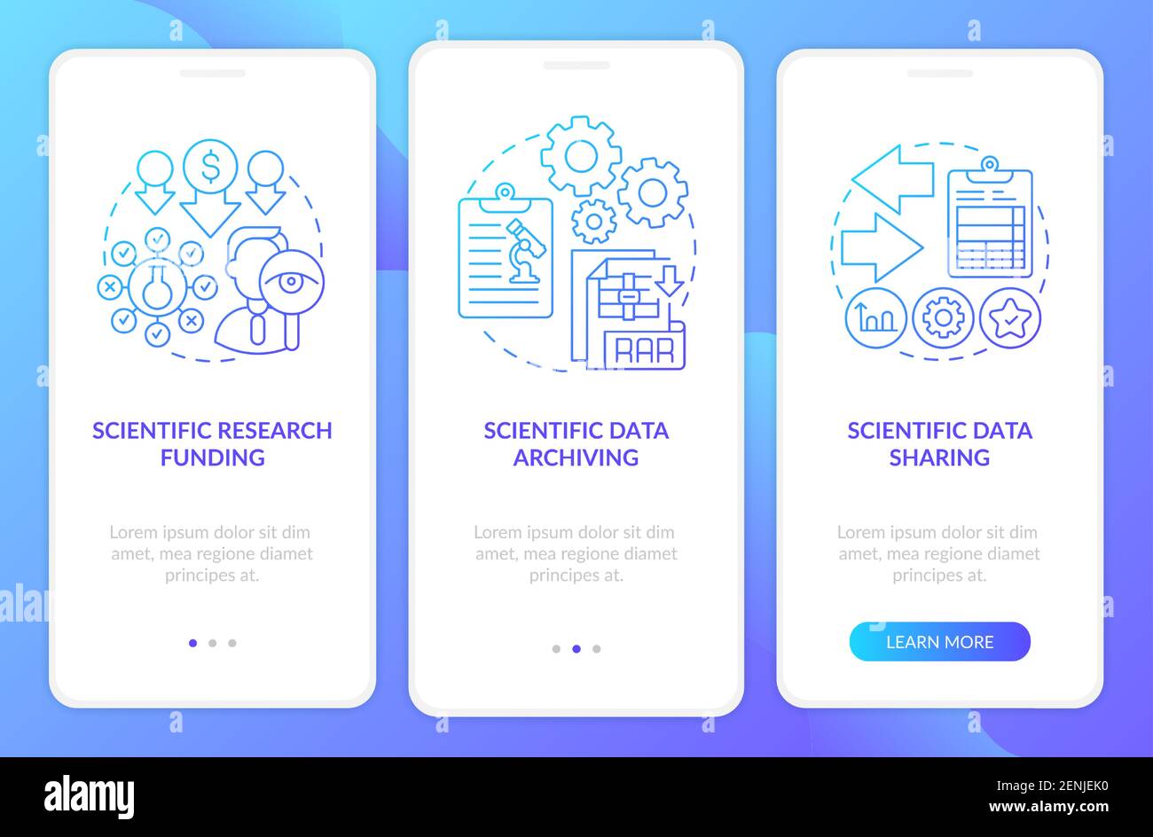 Scientific research components onboarding mobile app page screen with concepts Stock Vector