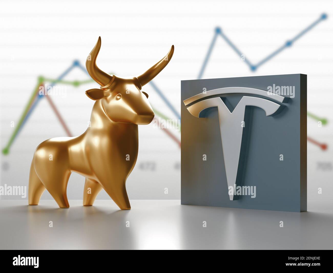 Milan, Italy: February 26, 2021: Tesla Motors logo and Bull Market Stock Chart. Economy Concept. Professional 3d rendering Stock Photo