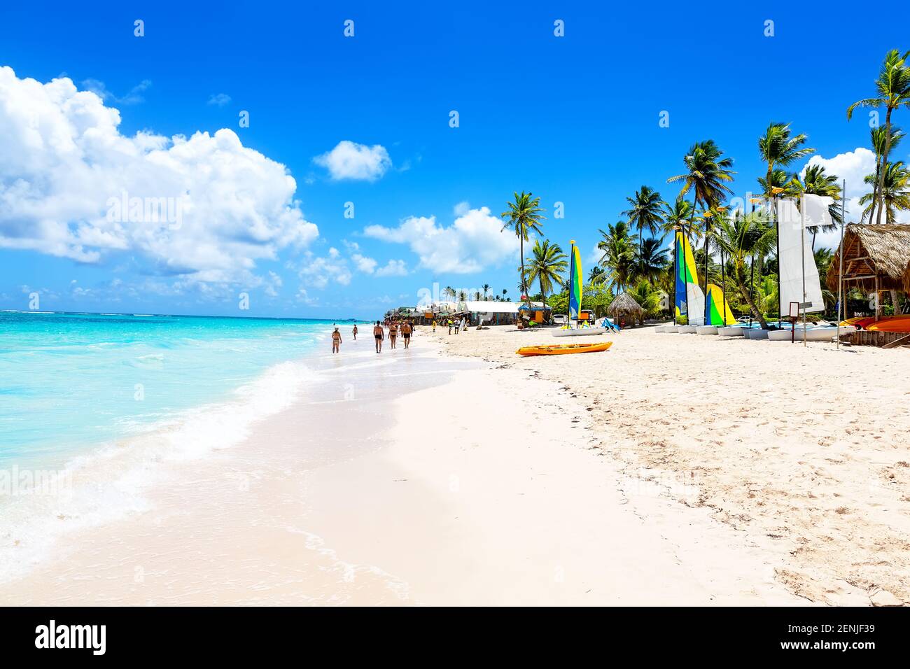 Coconut Palm trees on white sandy beach in Punta Cana, Dominican Republic.. Vacation holidays background wallpaper. View of nice tropical beach. Stock Photo