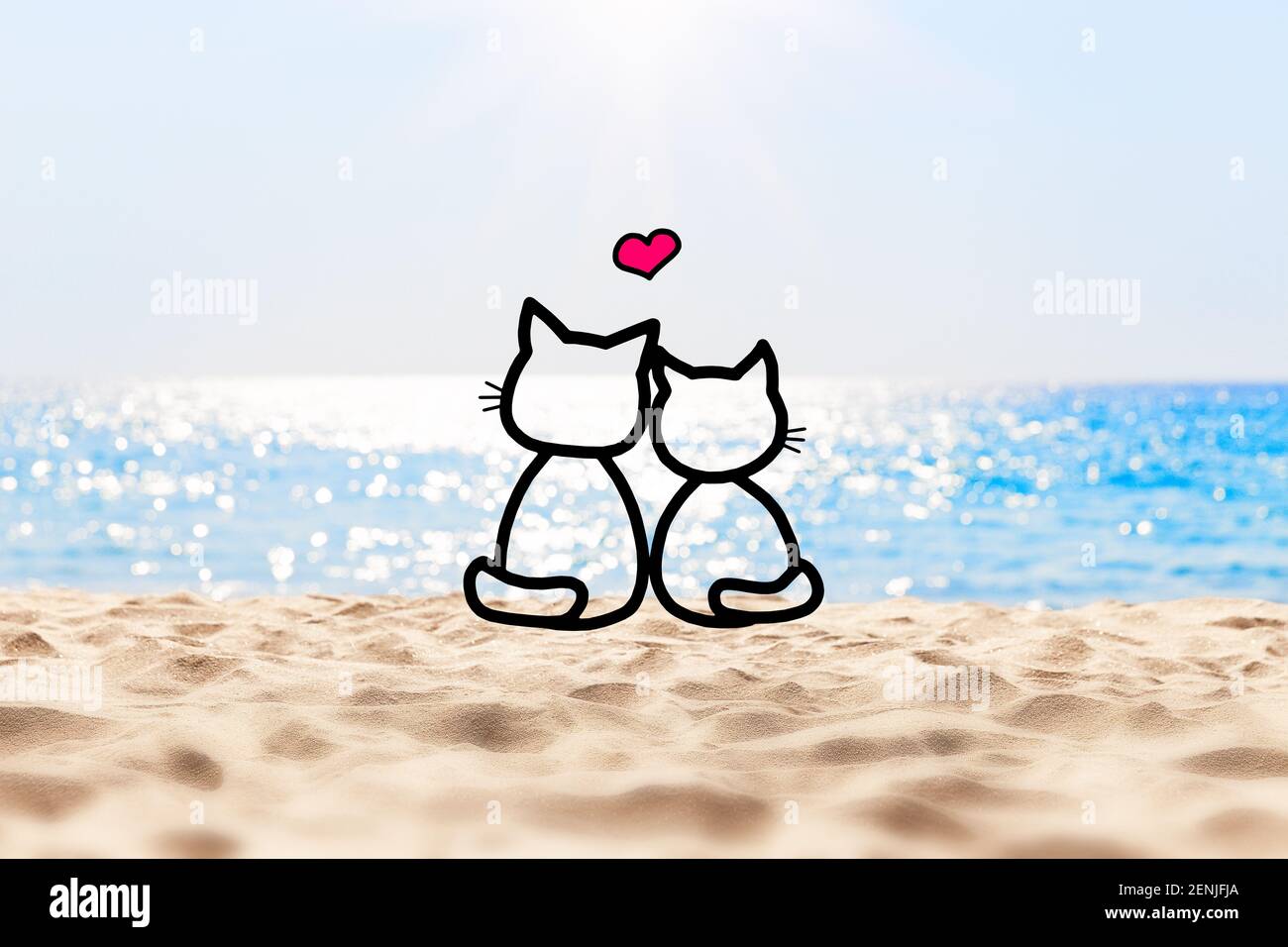 Happy couple in love on the beautiful beach against blue sky background.  Happy cute cats in love, Valentine's Day and Marry Concept Stock Photo -  Alamy