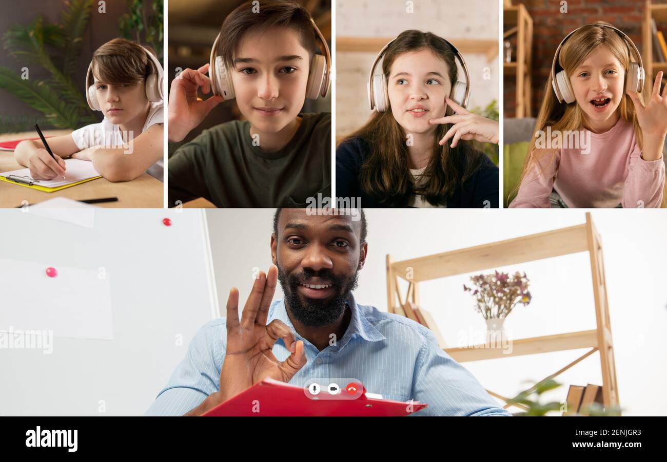 Group of kids, class studying by group video call, use video conference