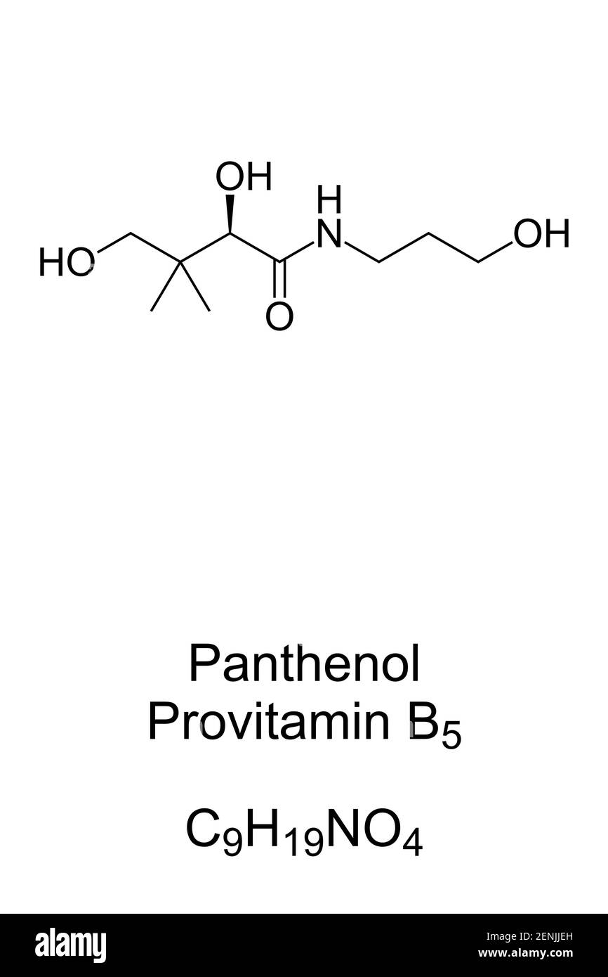 Panthenol, provitamin B5, chemical formula, skeletal structure. Also called pantothenol, used as moisturizer and to improve wound healing. Stock Photo
