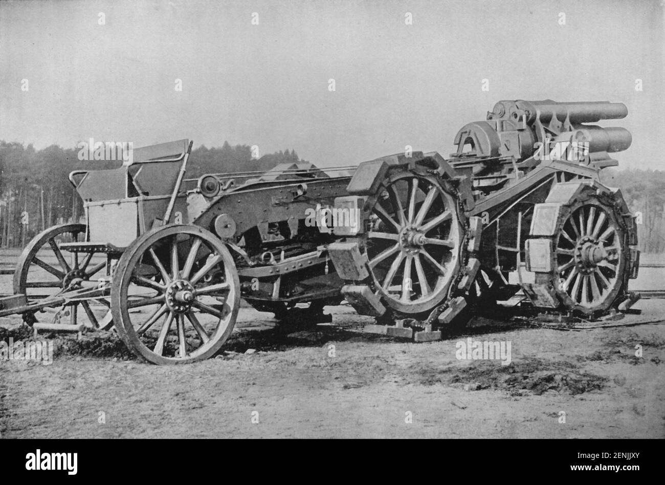 A vintage photo  circa 1918 of a German army Krupp Minenwerfer 42cm howitzer during World War One. An example of German Siege Artillery of World War I nick named Big Bertha by the allies Stock Photo