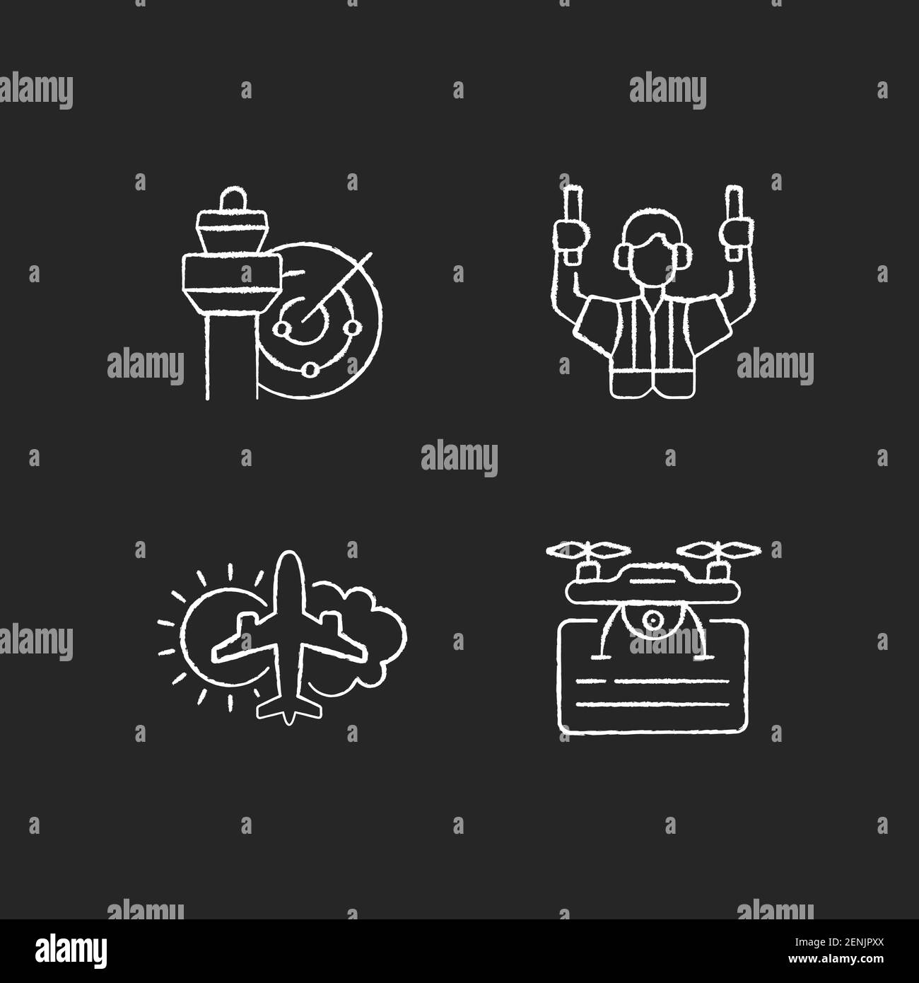 Flight dispatch chalk white icons set on black background Stock Vector