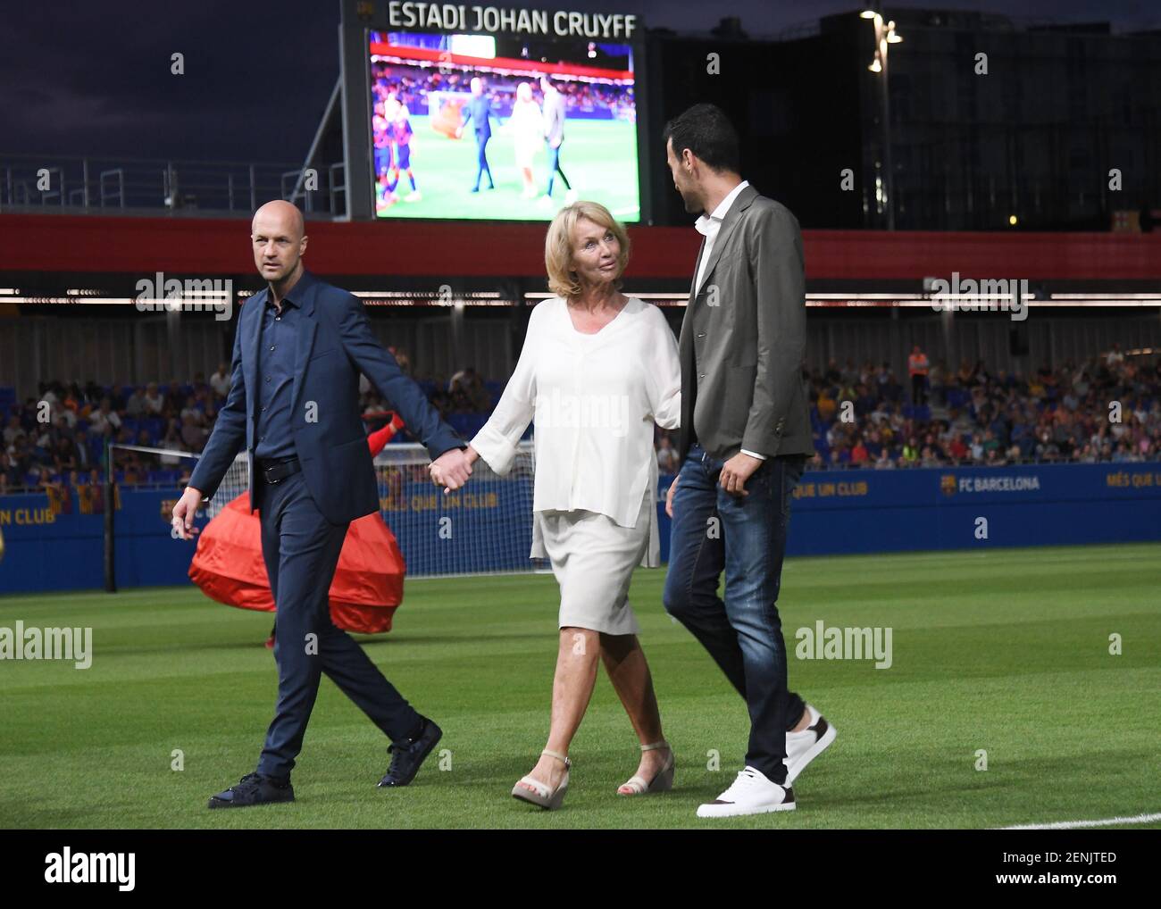 Johan Cruyff, Danny Coster and Sergio Busquets. during the Johan Cruyff  stadium opening on August 27 in Sant Joan Despi, Barcelona, Spain. (Photo  by pressinphoto/Sipa USA Stock Photo - Alamy