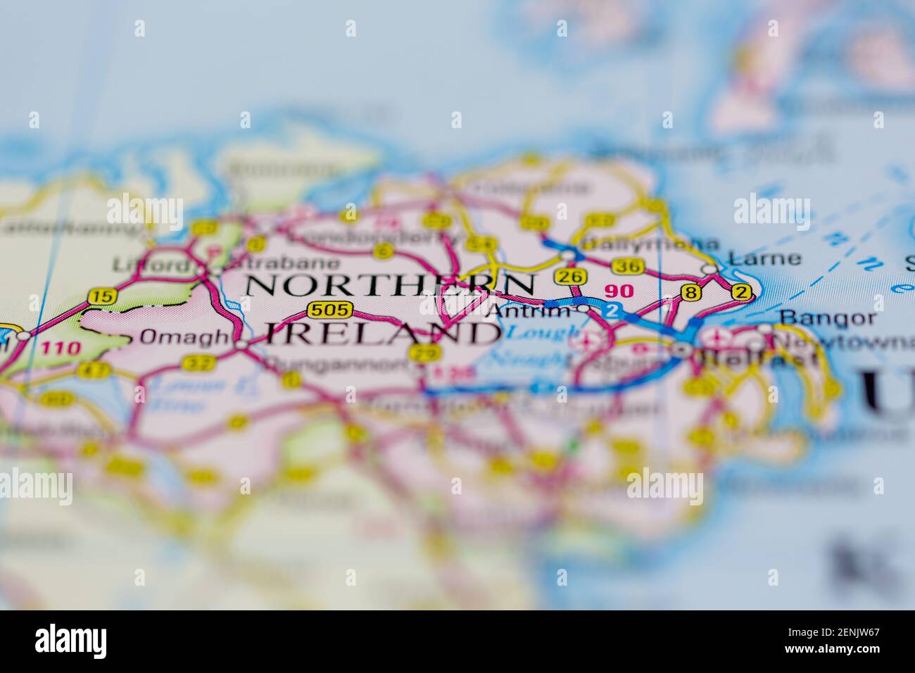 Northern Ireland shown on a Road map or a geography map Stock Photo