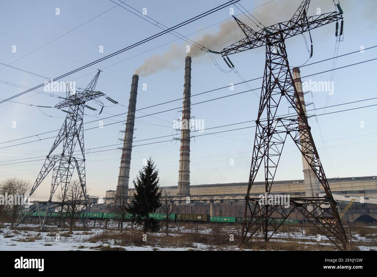 Plume of smoke rise above the chimney of the Burshtyn Thermal Power Plant, Ivano-Frankivsk Region, in western Ukraine. Stock Photo