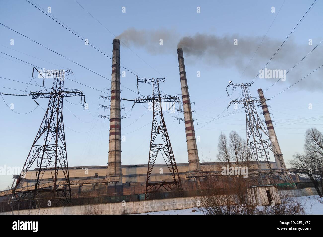 Plume of smoke rise above the chimney of the Burshtyn Thermal Power Plant, Ivano-Frankivsk Region, in western Ukraine. Stock Photo