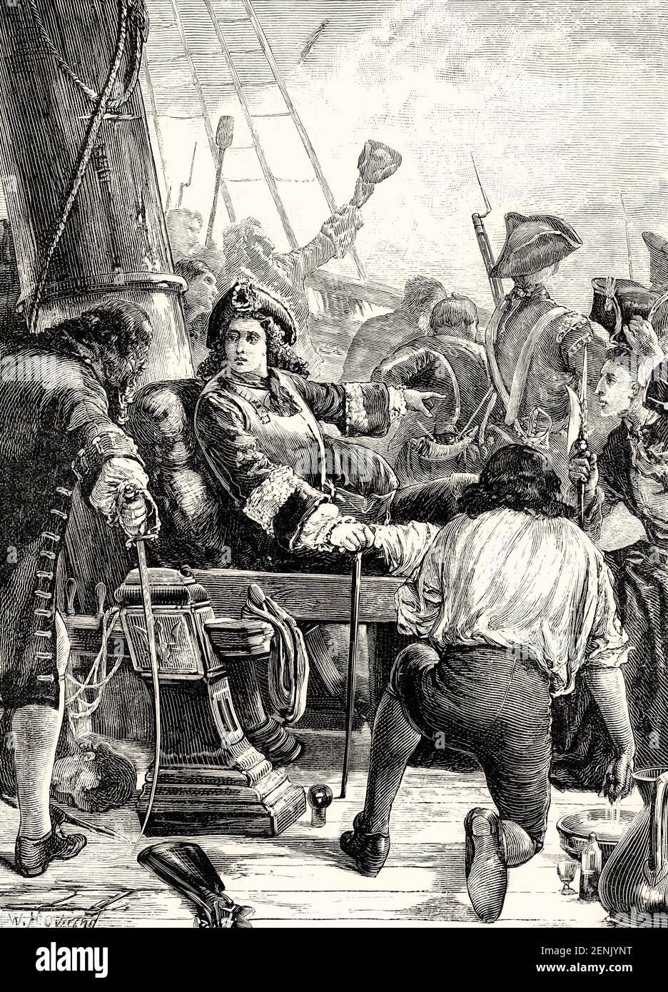 The legend of Brave Benbow, wounded John Benbow commanding his men to fight, St Martha, West Indies, July 1702, Action of 1702 Stock Photo