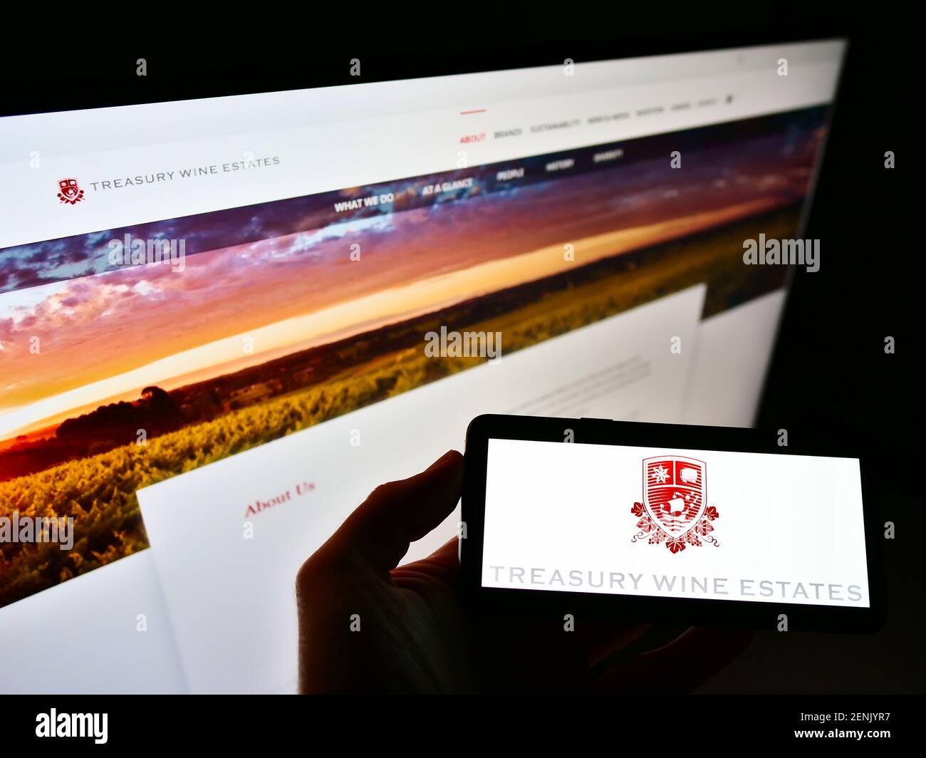 Person holding smartphone with logo of Australian winemaking company Treasury Wine Estates on screen in front of website. Focus on phone display. Stock Photo