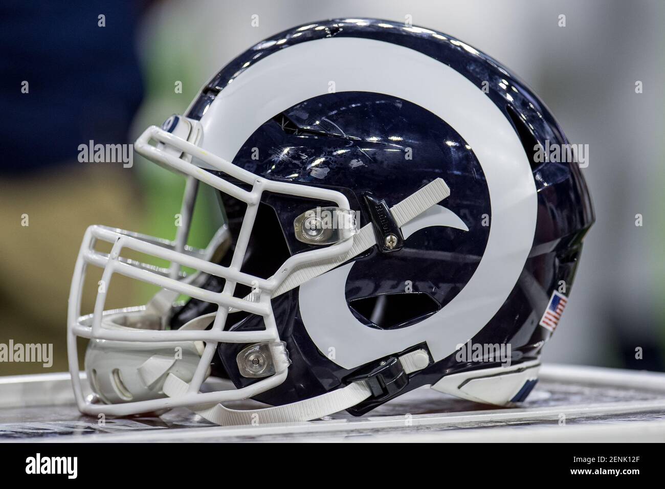 INDIANAPOLIS, IN - SEPTEMBER 19: A Los Angeles Rams helmet sits on