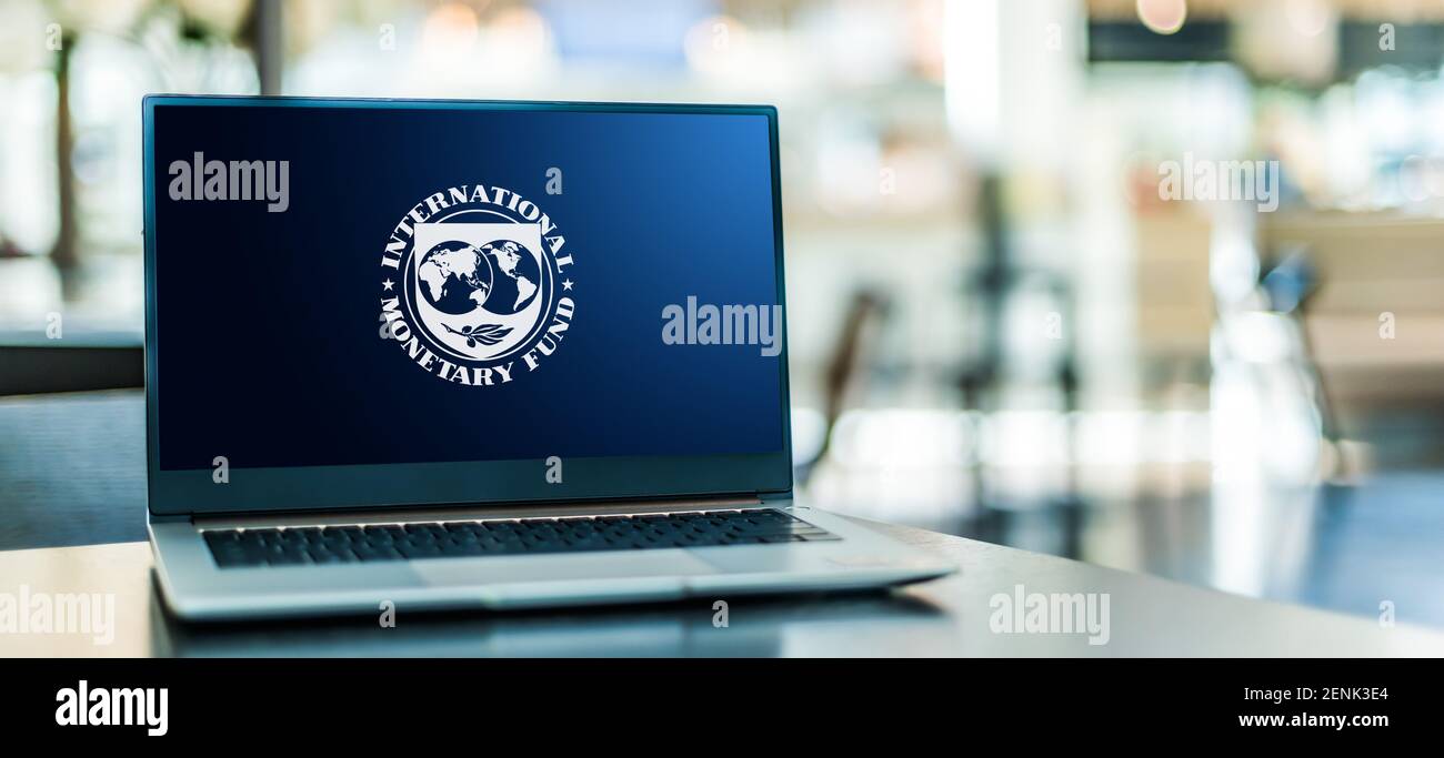 POZNAN, POL - JAN 6, 2021: Laptop computer displaying logo of The International Monetary Fund (IMF), an international organization, headquartered in W Stock Photo