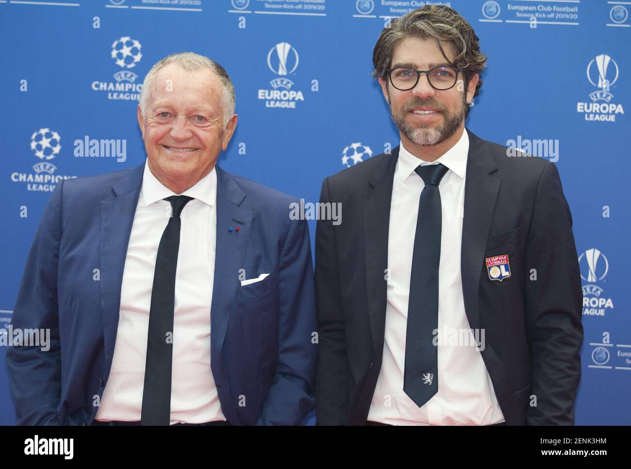 Monaco, Monte Carlo - August 29, 2019: UEFA Champions League Group Stage Draw and Player of the Year Awards, Season Kick Off 2019-2020 with Lyon's French President Jean-Michel Aulas and Lyon's Brazilian Sporting Director Juninho (left to right). (Photo by Mandoga Media/Sipa USA) Stock Photo