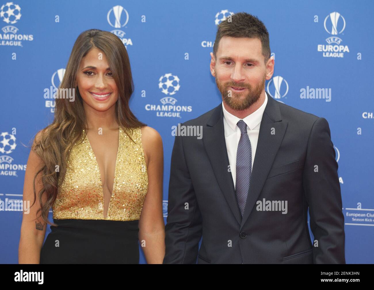 Monaco, Monte Carlo - August 29, 2019: UEFA Champions League Group Stage Draw and Player of the Year Awards, Season Kick Off 2019-2020 with Lionel Messi of FC Barcelona and wife Antonella Roccuzzo Stock Photo