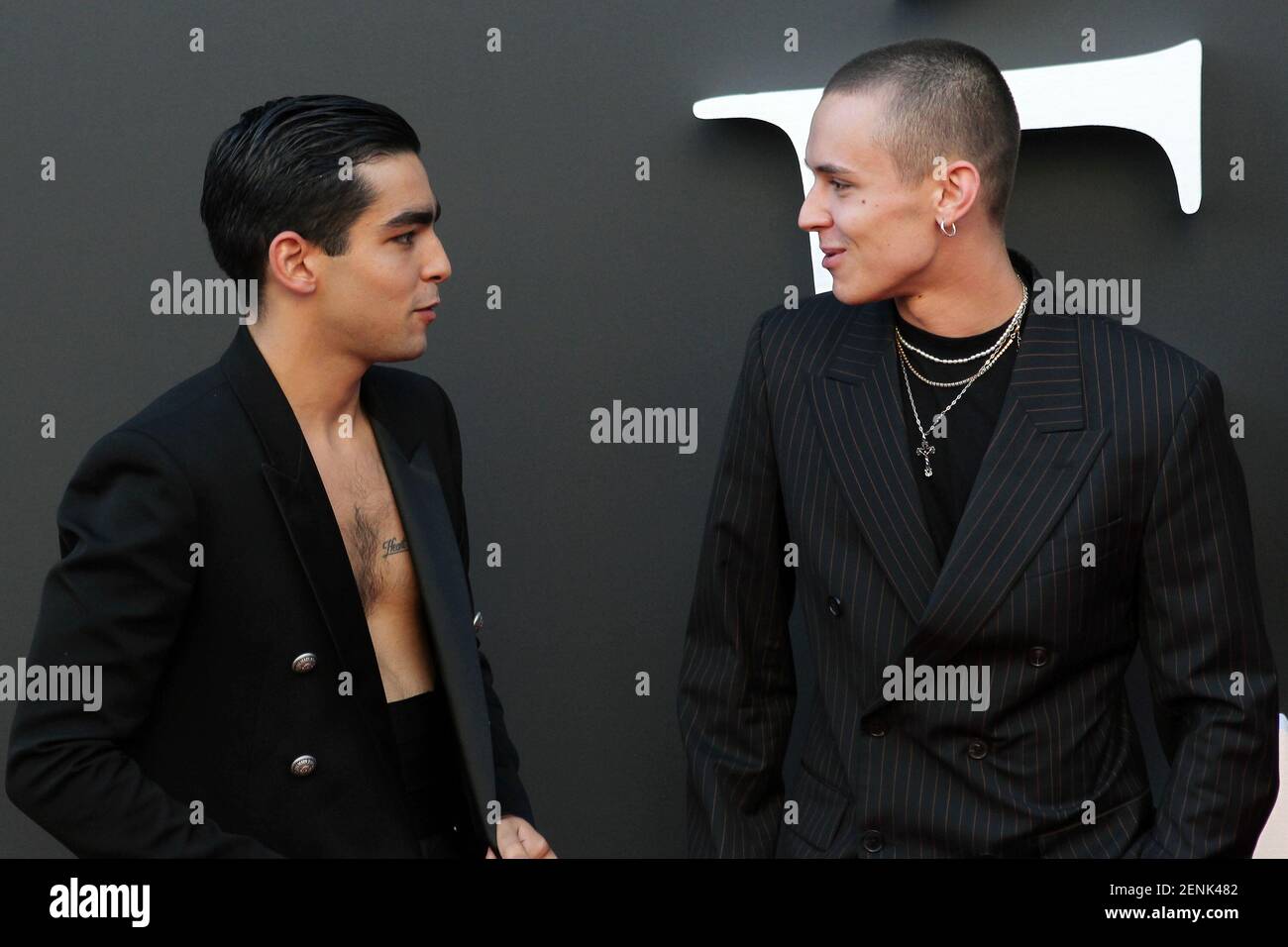 Omar Ayuso (l) and Aron Piper attend the red carpet of ELITE 2rd Season by  Netflix at the Callao Cinema on August 29, 2019 in Madrid, Spain. (Photo by  Itahisa Hernandez/Alter Photos/Sipa