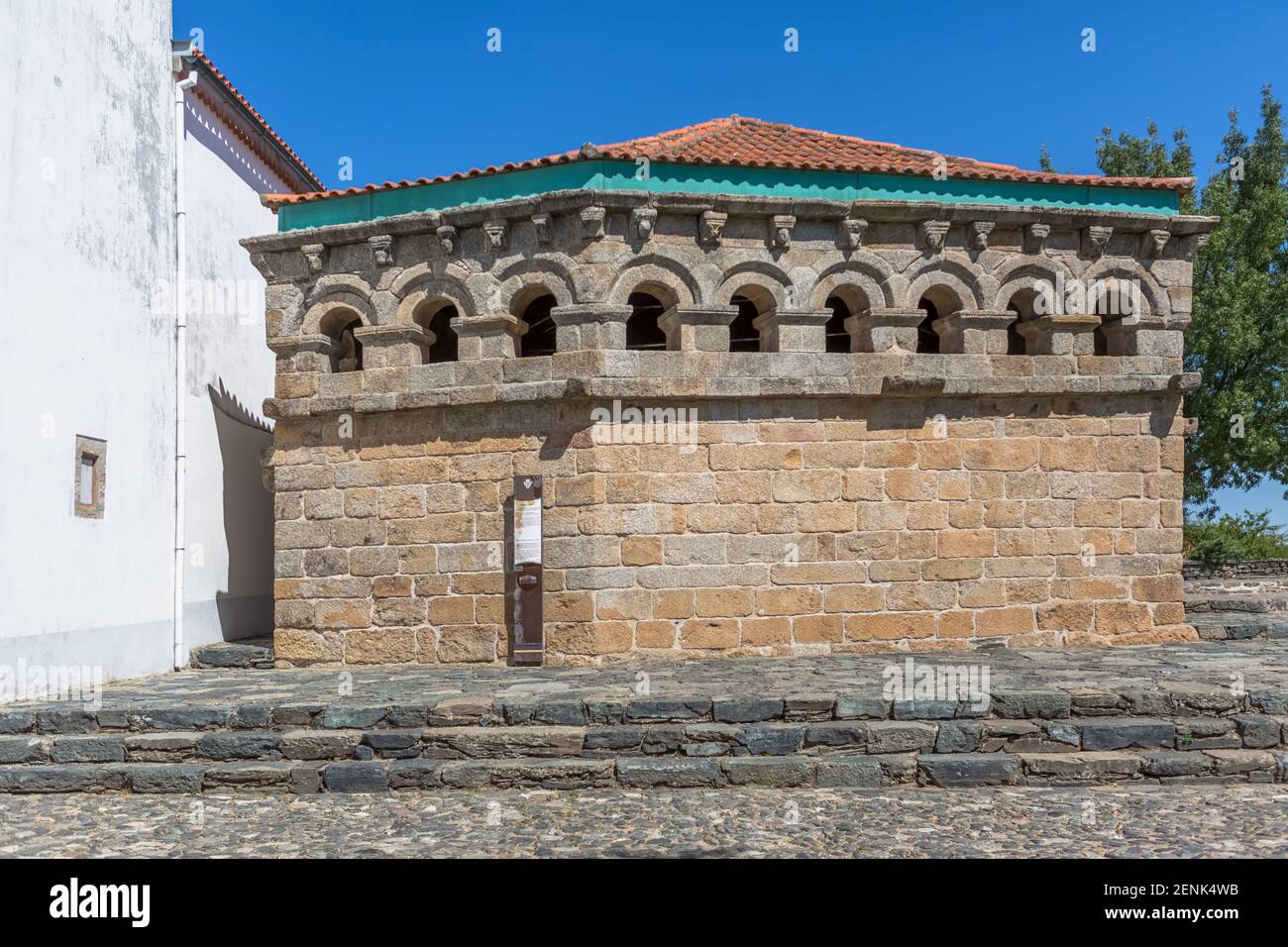 Braganca / Portugal - 08/01/2020 : Exterior view at the Domus Municipalis, a Romanesque civic architecture building, an eloquent extension of the medi Stock Photo