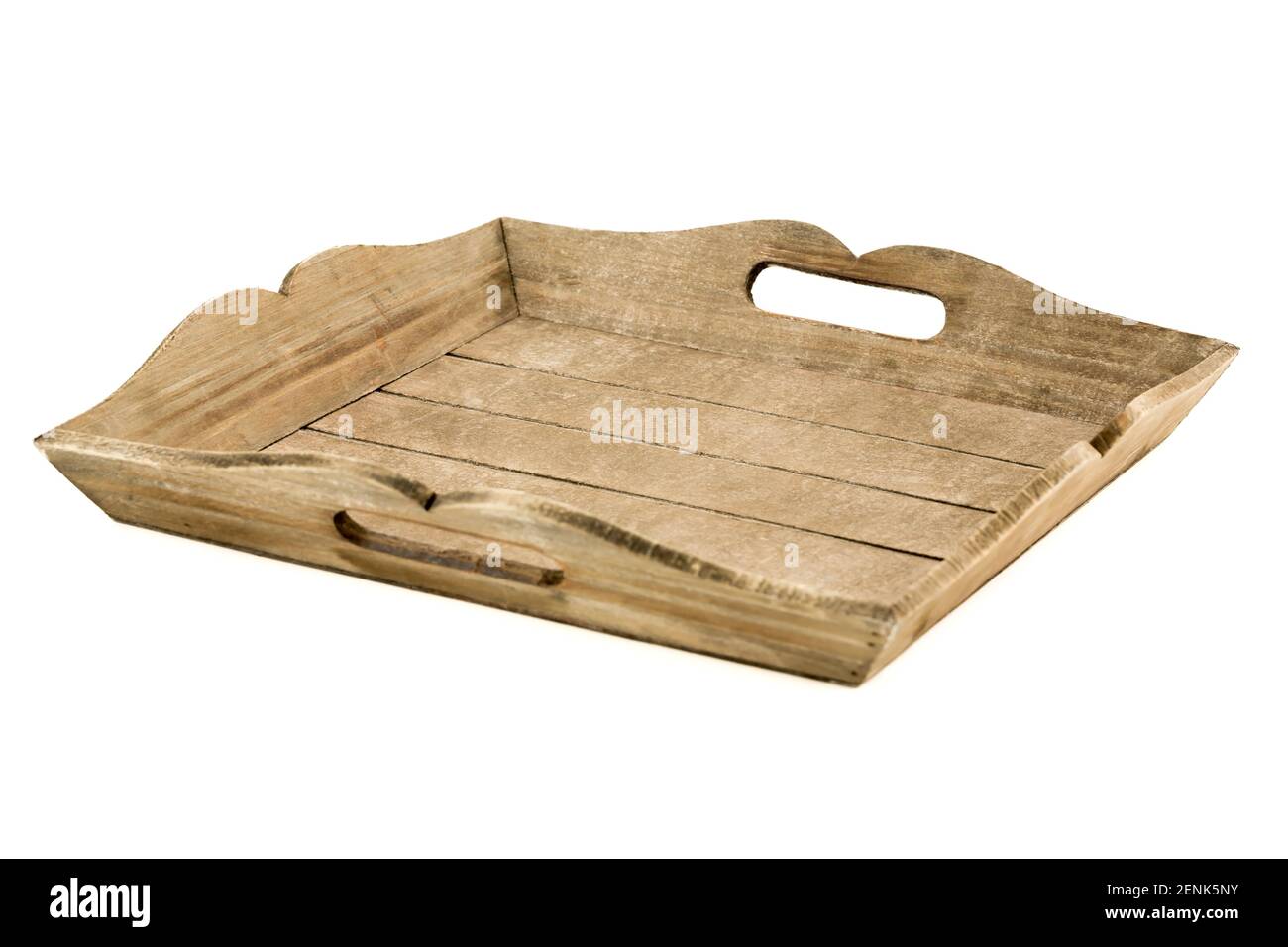 Wooden tray isolated on white background. Stock Photo